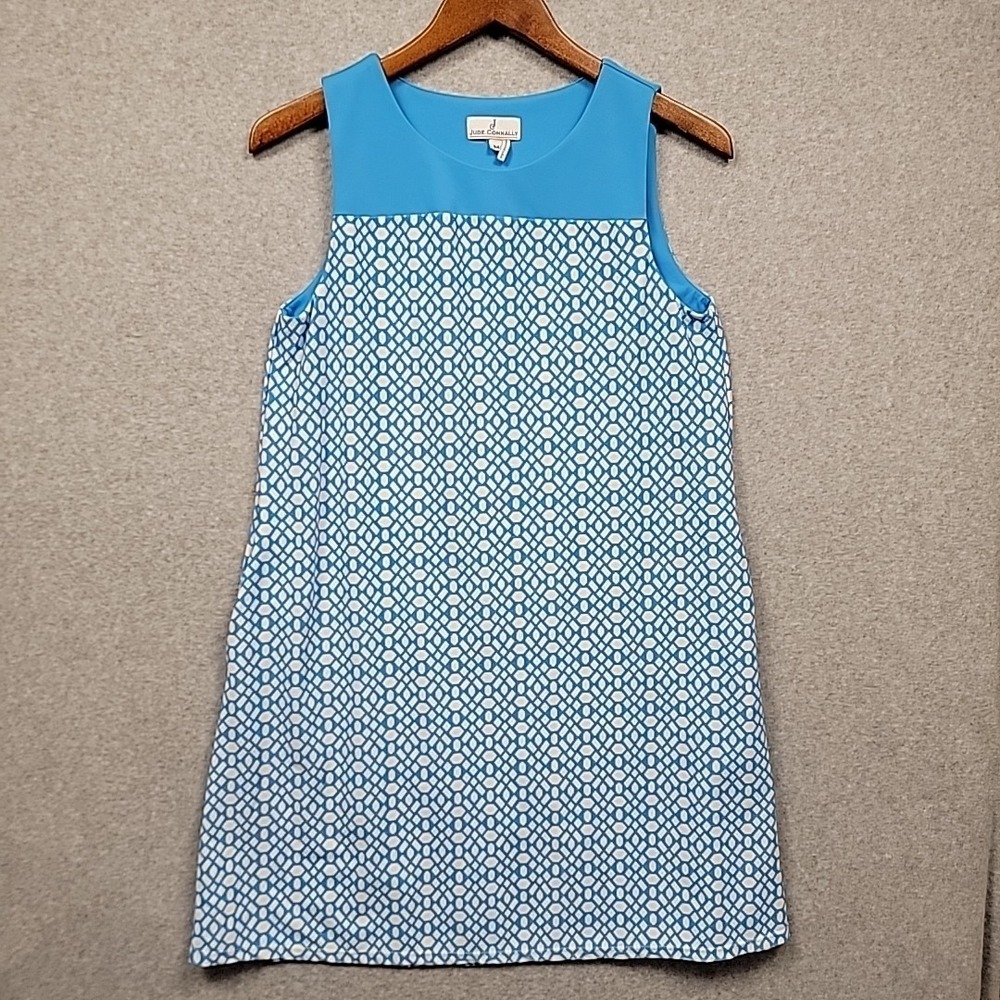 JUDE CONNALLY Turquoise Blue and White Geometric Beth Dress Size Medium Coastal
